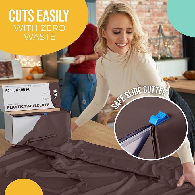 Exquisite Party Solids 54 Inch X 100 Feet Brown Plastic Table Cover Roll in A Cut - to - Size Box with Convenient Slide Cutter. Cuts Up to 12 Rectangle 8 Feet Plastic Disposable Tablecloths