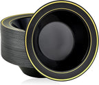 JOLLY PARTY 50PCS Black Plastic Bowls with Gold Rim-12oz, Christmas Thanksgiving Premium Disposable Soup Dessert Salad Bowls for Wedding/Party/Halloween