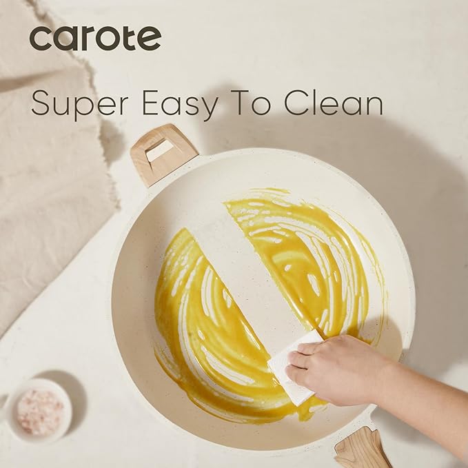 CAROTE 12.5 Inch Non Stick Frying Pan with Lid,White Granite Nonstick Skillet Omelet Pans, Egg Pan Granite Cookware, PFOS & PFOA Free