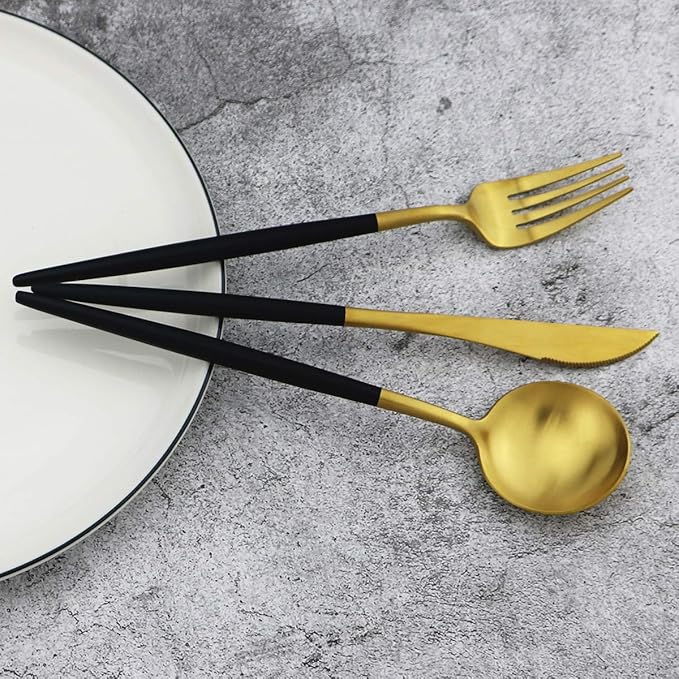 Gugrida 20-Piece 18/10 Stainless Steel Flatware Silverware, Luxury Dinnerware Set Travel Cutlery Tableware Include Knife Fork Spoon Service for 4, Dishwasher Safe (Black Handle Matte Gold)