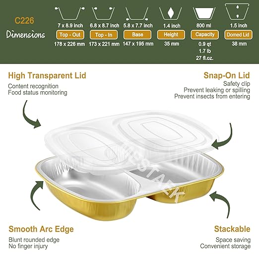 Aluminum Foil Pans of Divided Compartment with Snap-On Lids (5 Pack) | 2X Thicker Heavy Duty Reusable Container 27oz for Take-Out (Gold)