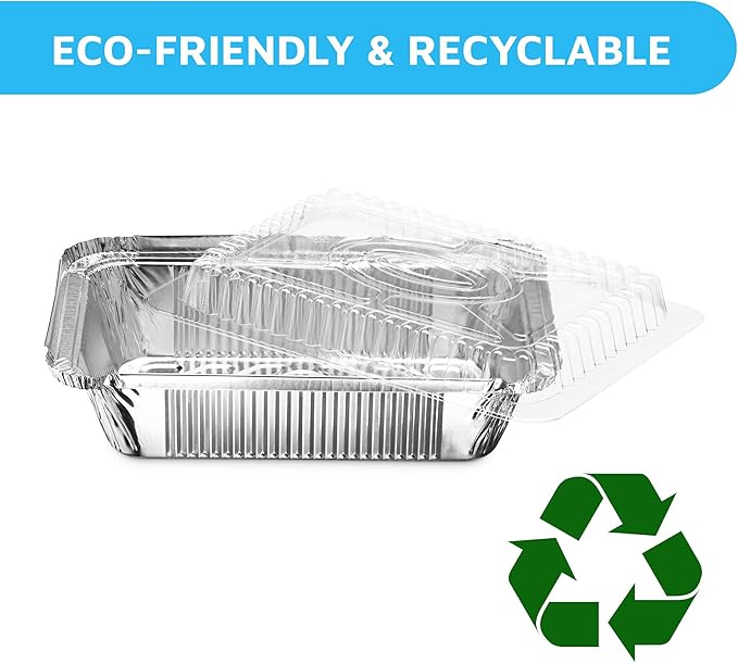 MontoPack Disposable Takeout Pans with Clear Lids | 2lb Capacity Aluminum Foil Food Drip Container with Strong Seal for Freshness & Spill Resistance | Earth, Eco-Friendly & Recyclable 100Pack 8x5.5”