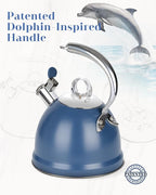 Harriet Tea Kettle Stovetop, 2.5 Quart Whistling Stainless Steel Tea Pot, 3-Layer Base, Unique Ergonomic Handle, Includes Pot Holder & Mat, Electric/Induction/Gas Stovetops Applicable, Blue