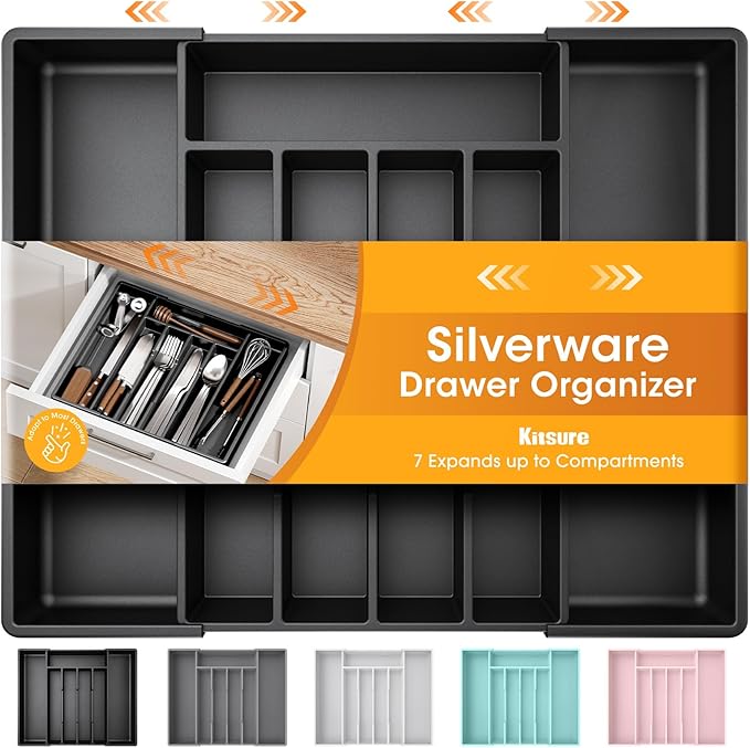 Kitsure Silverware Organizer for Drawers - Expandable Cutlery and Utensil Drawer Organizer with Easy Maintenance, Premium PP Kitchen Organizers and Storage for Flatware, Black, 13.2" x 12.2" x 1.6"