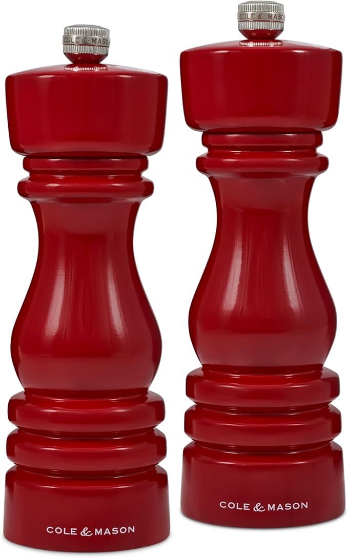 Cole & Mason London Refillable Spice Mill - Kitchen & Home Accessory - Salt & Pepper Grinder Set - Salt Mill with Ceramic Mechanism - Pepper Mill with Carbon Steel Mechanism - 7", Red Gloss