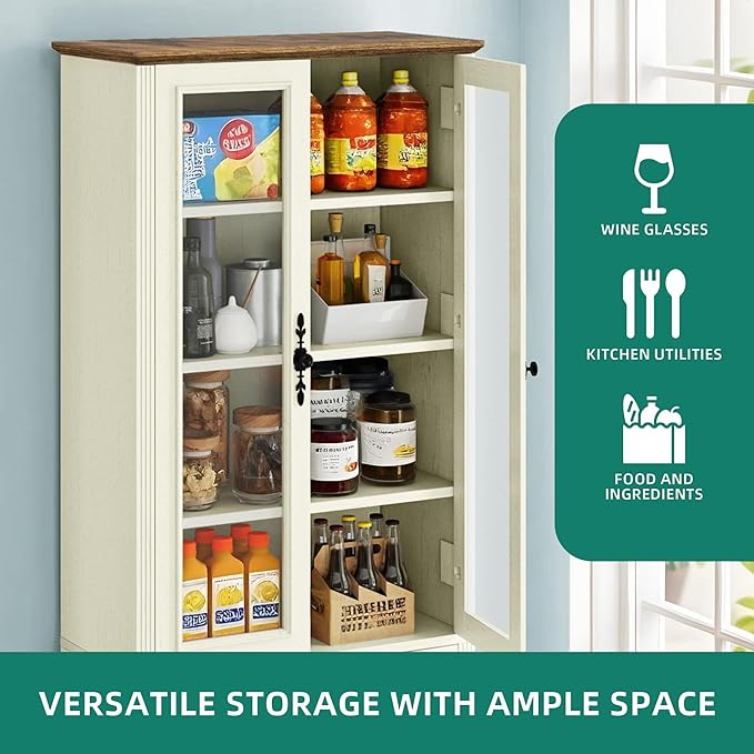 YITAHOME 76'' Kitchen Pantry Cabinet with 2 Drawers, Tall Storage Cabinet with Glass Doors & Adjustable Shelves, Freestanding Display Curio Cabinet for Collectibles, Living Room, Off-White