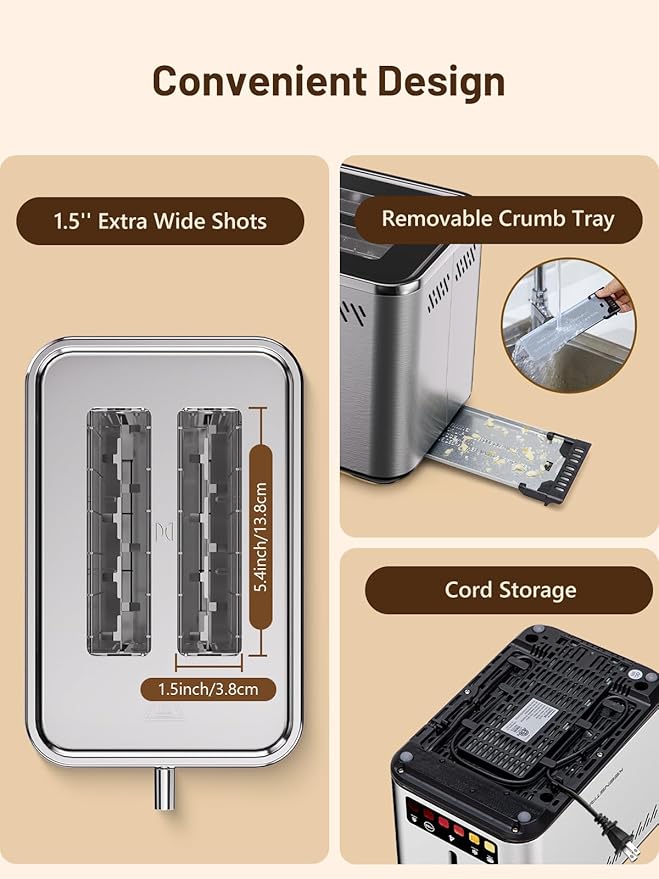 Touch Screen 2-Slice Toaster with 6 Browning Levels, Bagel, Defrost & Timer, Wide 1.5" Slots, Removable Crumb Tray, 900W Stainless Steel Smart Toaster for Bagels, Breads & Waffles