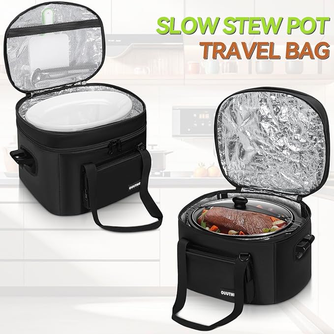 Slow Cooker Travel Bag, Double Layers Insulated Slow Cooker Carrier, Compatible with 6-8 Quart Crock Pot, Travel Carrier with Easy to Clean Lining and Large Pocket for Accessories