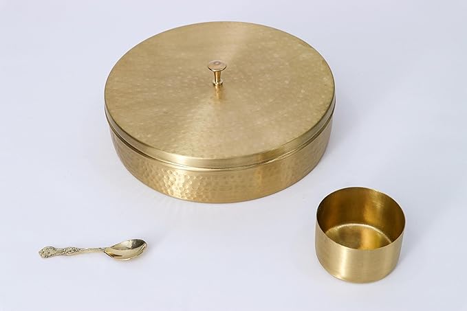 Hammered Pattern Handcrafted Brass Masala/Spice Box Set With Spoon Container 90 ML-Food Spice Storage Rack Indian Boxes Dani Dabba For Kitchen (8-INCH)
