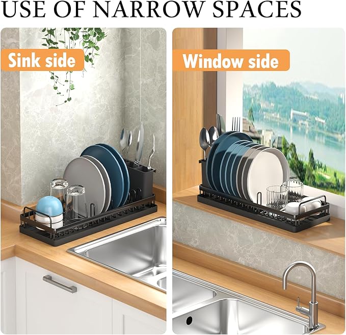 Small Dish Drying Rack, Compact Sink Dish Drainer Plate Organizer with Utensil Holder and 2pcs Silicone Drying Mats for Kitchen Counter, RVs, Apartments