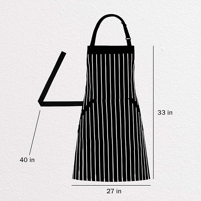 HOMWE Adjustable Bib Cotton Aprons - Adjustable Neck Strap with Extra Long Ties with 2 Pockets for Cooking, Commercial Grade Water Resistant Apron for Women & Men - Black/White Pinstripe 33x27 Inches