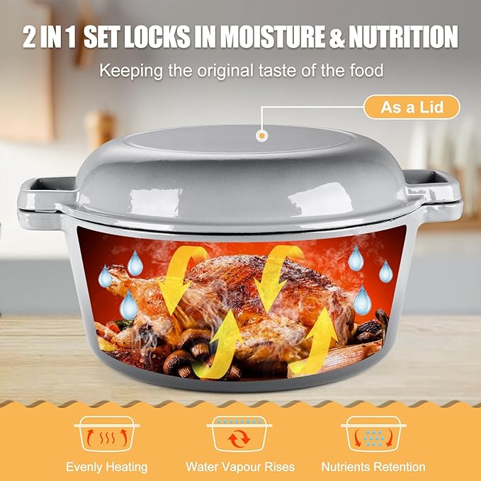 P&P CHEF 5Qt Dutch Oven Pot for Bread Baking (Gray), 2 In 1 Round Cast Iron Dutch Oven with Lid Set, Skillet & Pot for Roasting Braising Stewing Frying Simmering, Multi Stoves & Oven Safe
