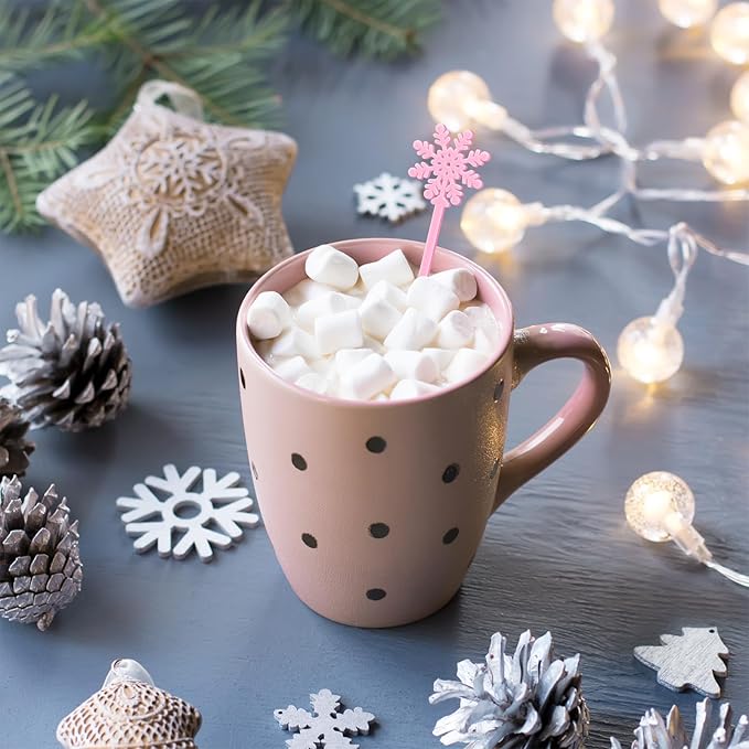 48Pcs Snowflake Coffee Stirrers Pink White Snowflake Cocktail Stir Sticks Winter Plastic Drink Swizzle Stick for Hot Chocolate Bar Supplies Xmas Home Party Decor
