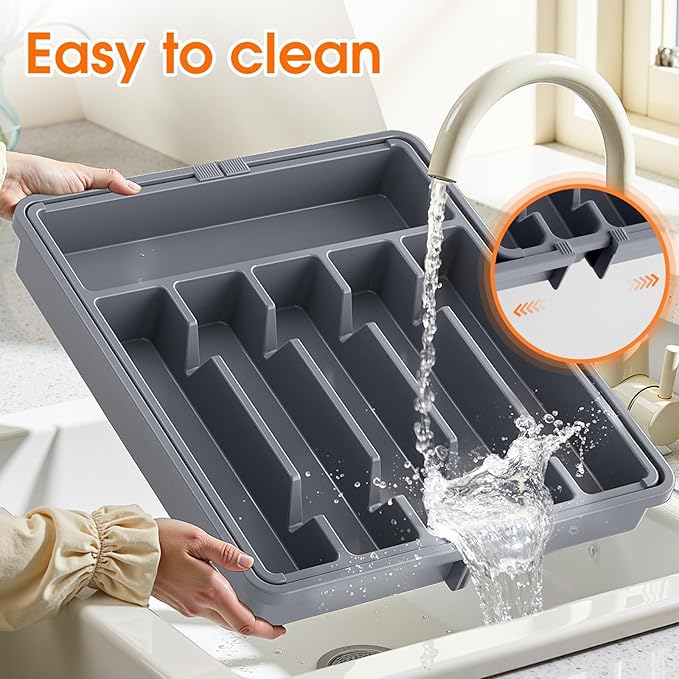 Silverware Organizer，Adjustable & Expandable Utensil Drawer Organizer, BPA Free Utensil Holder, Cutlery Tray for Forks, Spoons, Knives in Kitchen, Large, Grey