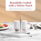 White Salt and Pepper Shakers with Holder - Elegant Stainless Steel Salt Shaker and Pepper Shaker Set with Acrylic Holder for Kitchen Counter or Restaurant Table