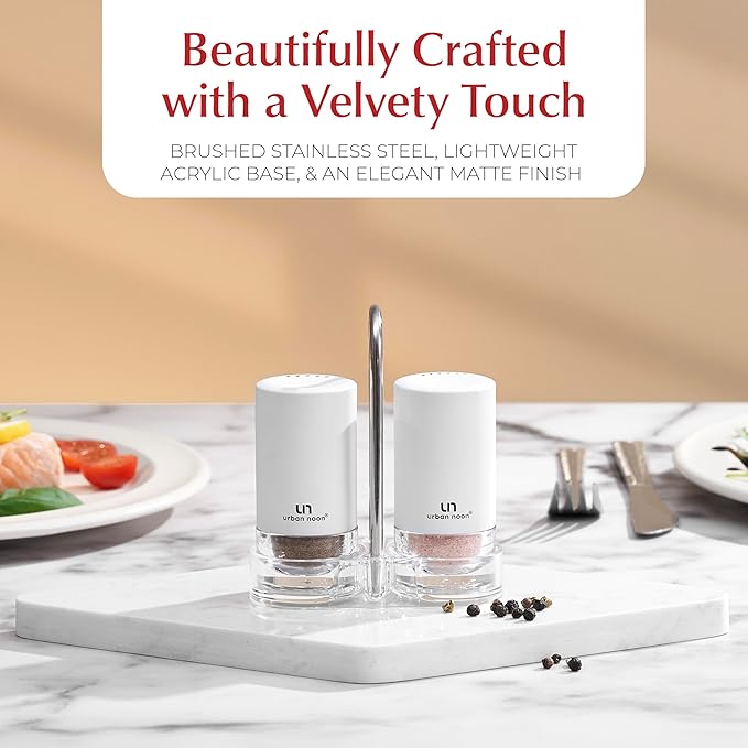 White Salt and Pepper Shakers with Holder - Elegant Stainless Steel Salt Shaker and Pepper Shaker Set with Acrylic Holder for Kitchen Counter or Restaurant Table