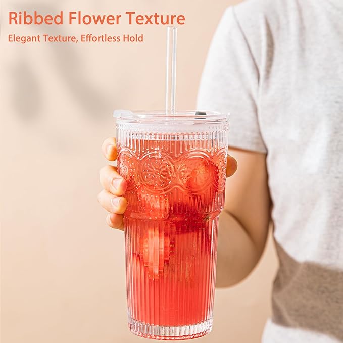 20oz Ribbed & Floral Glass Tumbler Set of 4 – Reusable Glass Cups with Lid and Glass Straw, To-Go Iced Coffee Cups for Water, Smoothie, Milk, Cocktail & More – Perfect for Daily Use & Travel