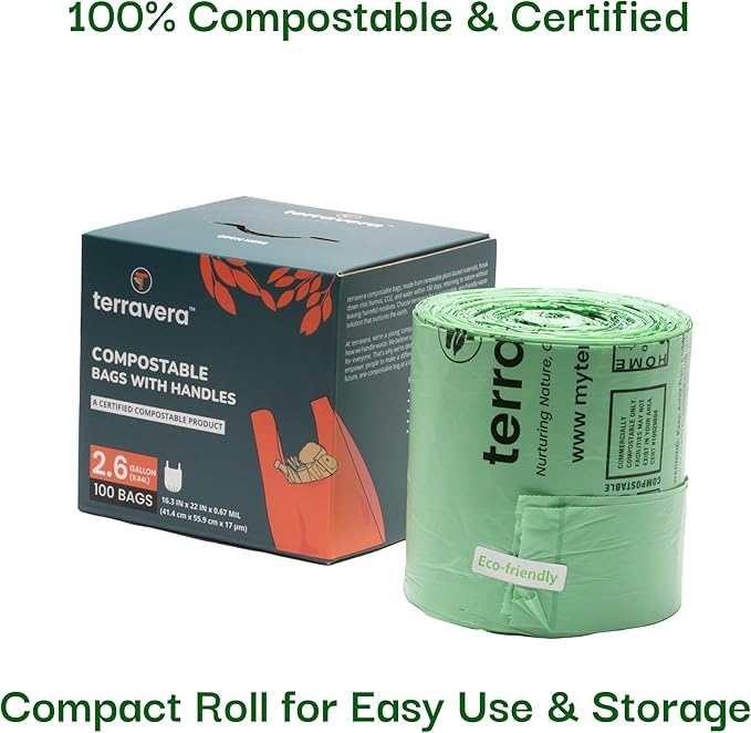 2.6 Gallon Compostable Food Scrap Bags - Handle Tie (100 Count) | BPI & OK Home Certified | Counter Top Bin, Kitchen Trash, Home & Yard Waste Bags