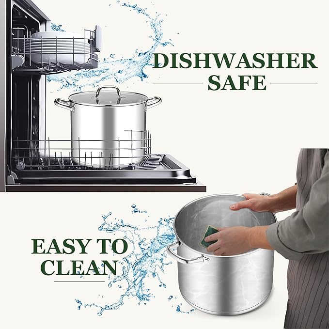 Leonyo 20QT Stock Pot, 18/10 Stainless Steel Soup Pot With Lid, Heavy Duty Stockpot Compatible with All Stoves, Food Grade Cookware for Pasta, Seafood, Spaghetti, Non Stick & Tri-Ply Base