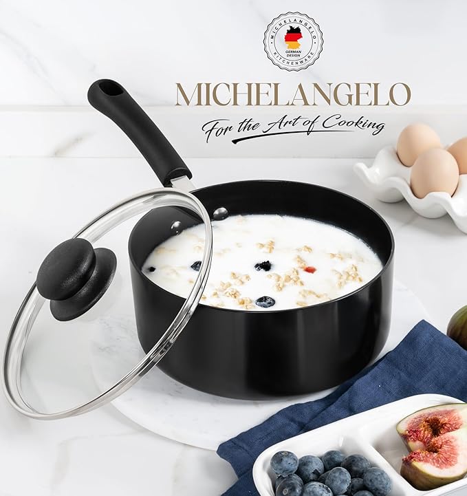 MICHELANGELO Nonstick 2 Quart Saucepan with Lid, Ceramic Small Sacuce pan, Easy to Clean, Non-Toxic Saucepan, 2QT, Black
