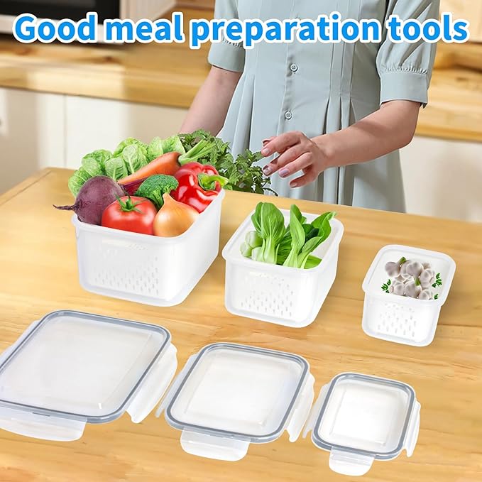 4 Pack Fruit Storage Containers for Fridge with Removable Colanders, Produce Storage Containers for Fridge, Airtight Food Storage Containers for Berry Fruit Vegetable Meat Keeper Fresh (no handle)