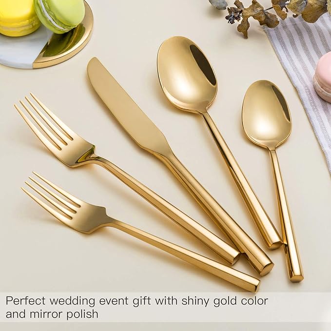 Silverware Set Flatware Set Shiny Gold Cutlery Set with Hexagon Handle Forged Stainless Steel Heavy 20 Pieces For Home Hotel Use Service for 4