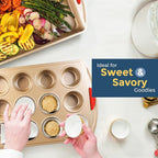 Perlli Baking Kit: Nonstick Gold Steel Oven Set - 6 Pieces, Round Cake Pan, Loaf Pan, Square Pan, Muffin Pan, Cookie Sheet, Roaster - Silicone Handles