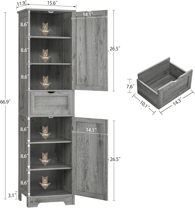 Iwell 67" Tall Bathroom Cabinet with Adjustable Shelves & 1 Drawer, Storage Cabinet with 2 Doors, Narrow Tall Cabinet, Floor Cabinet for Bathroom, Living Room, Home Office, Grey