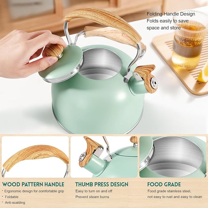 GGC Tea Kettle for Stove Top, 85OZ/2.6QT Whistling Tea Kettles for Boiling Water Milik or Coffee, Green Stainless Steel Tea Pots with Wood Pattern Folding Handle, Thumb Design Control Kettle Outlet