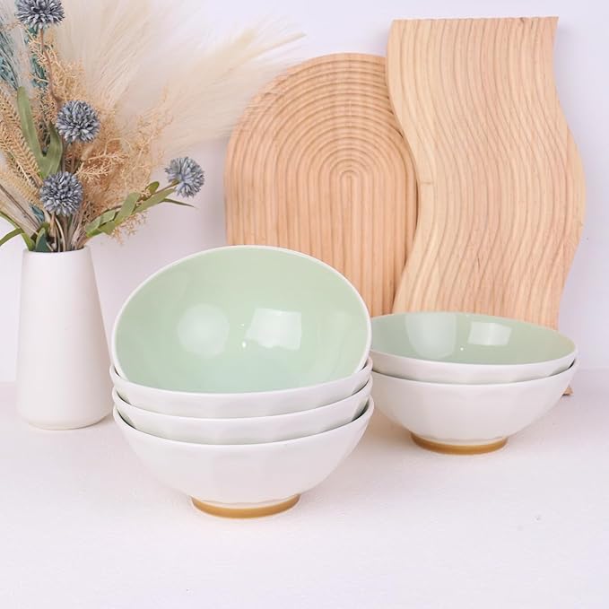 Large Pasta Bowls Set of 6, 29 oz Green Porcelain 7 inch, Microwave Oven Dishwasher Safe for Salad Soup