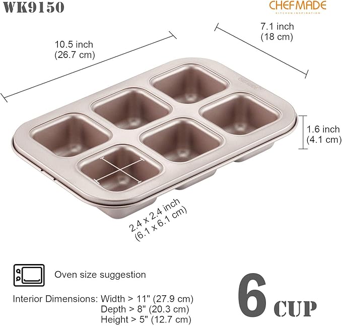 CHEFMADE Brownie Cake Pan, 6-Cavity Non-Stick Square Muffin Pan Blondie Bakeware for Oven Baking (Champagne Gold)