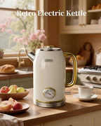 Retro Electric Kettle 1.8L/60.8oz with Thermometer - 1200W Fast Boiling Stainless Steel Tea Kettle with Water Level, BPA-Free, Auto Shut-Off, Boil-Dry Protection, Pearl White