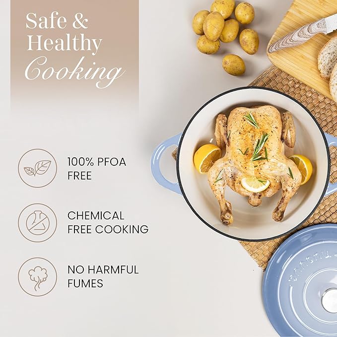 Nuovva Enamelled Cast Iron Dutch Oven Pot with Lid 6.4 Quart Non Stick Casserole Pot – Heavy Duty & Oven Safe up to 500° F for Bread Baking, Braising, Stews, Roasting – 28cm Costal Blue