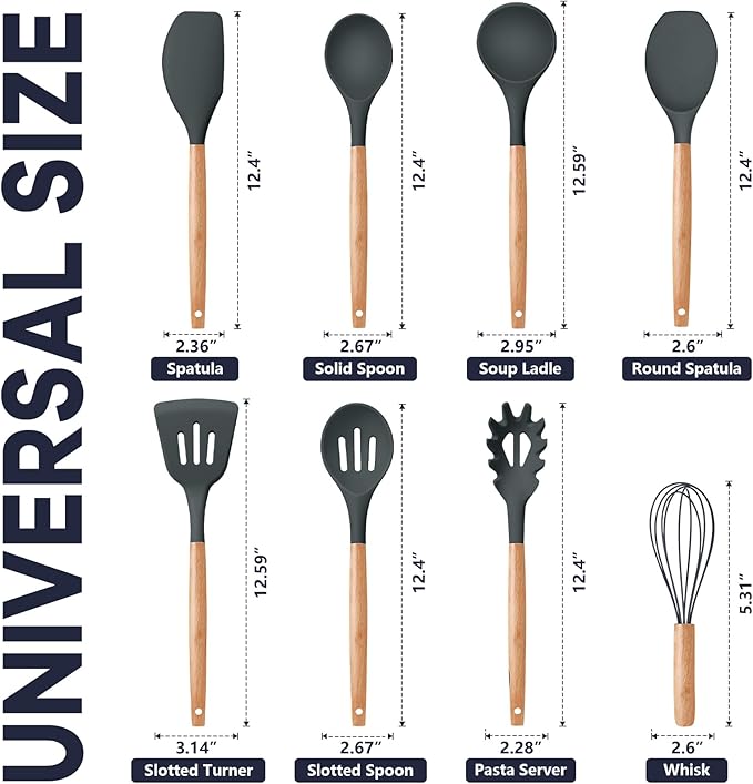 P&P CHEF Silicone Cooking Utensils Set, 8-Piece Kitchen Cooking Utensil with Wooden Handle, Silicone Spatula for Nonstick Cookware, Heat-proof & Easy Clean, Gray