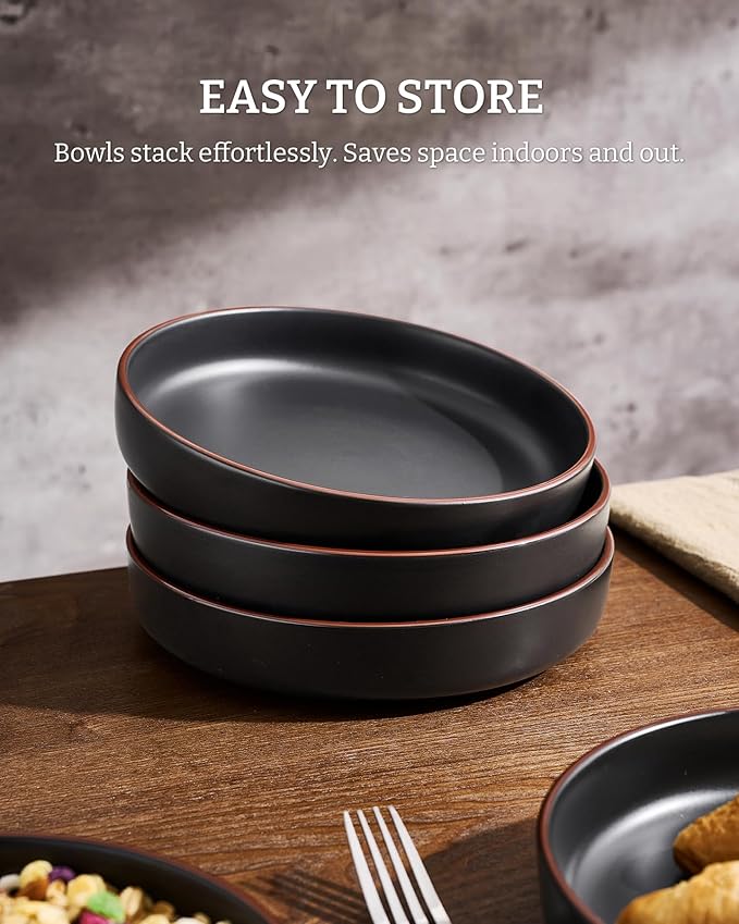 famiware Mercury Pasta Bowls Set of 8, 33 oz Large Salad Bowls, Ceramic Pasta Plates Bowls, Serving Bowls for Kitchen, Microwave & Dishwasher Safe, Black