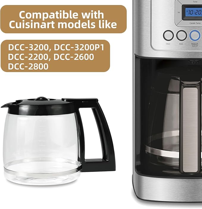 14-Cup Glass Coffee Carafe Replacement Compatible with Cuisinart Models DCC-3200P1, DCC- 3200, DCC-2200RC, Coffee Pot Replacement 14 Cup with Ergonomic Handle and Dripless Spout