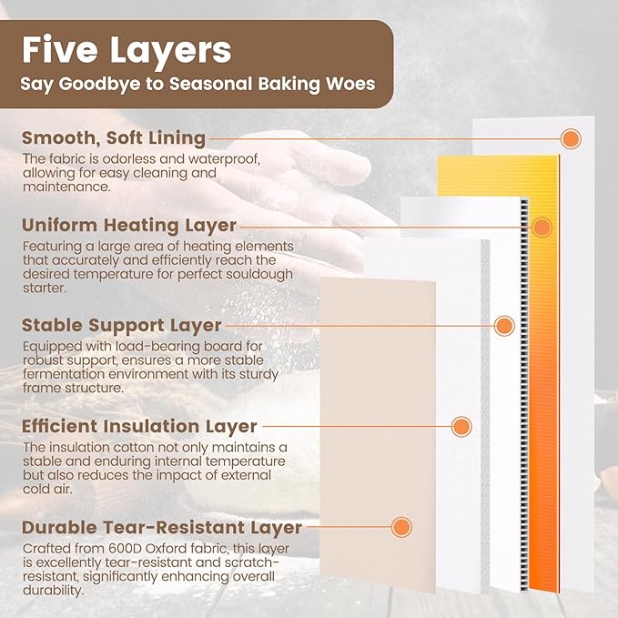 Folding Bread Proofing Box with 68-104℉ Temp Control & 48H Timer, Dough Proofer with Metal Rack, Proofing Box for Sourdough, Bread Baking, Pizza, Yogurt, Kombucha, Space-Saving & 5-Layer Fabric