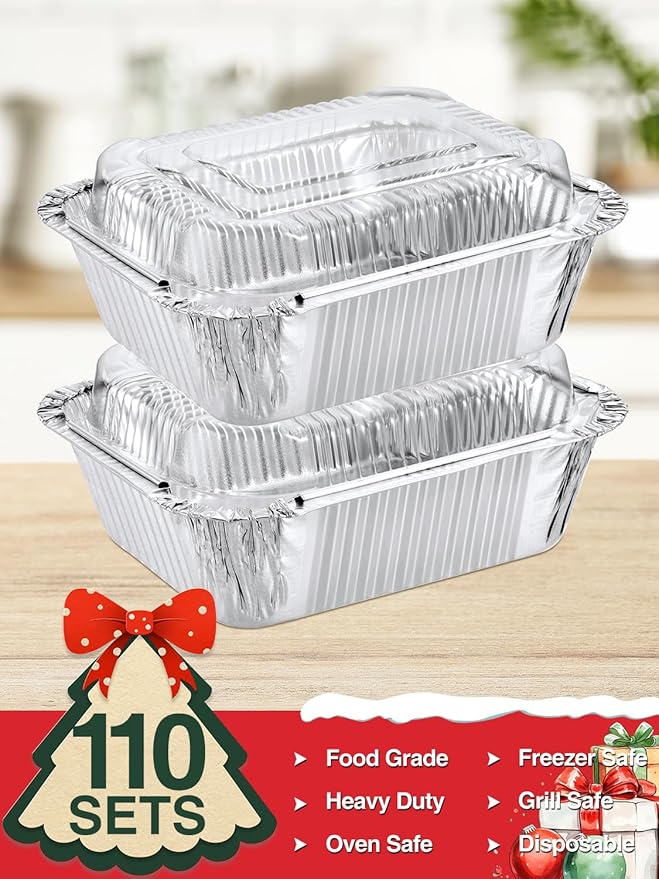 110 Pack 5x4 Disposable Small Aluminum Pans with Dome Lids - 1lb-Mini-Aluminum-Foil-Pans-Tin-Foil-Takeout-Trays-Food-To-Go-Containers-for-Meal-Prep-Cooking-Roasting-Heating-Baking