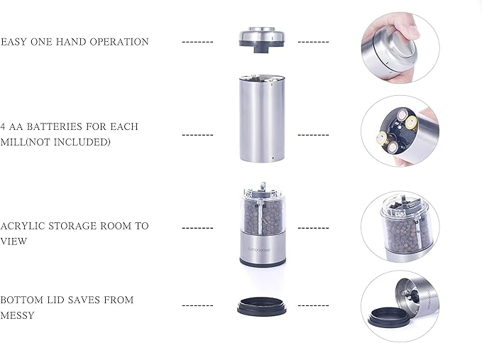Electric Salt and Pepper Mill Grinder Set (Do Not Use Rechargeable Batteries), Battery Operated Automatic One Handed Pepper Salt Mill with Funnel and Adjustable Coarseness