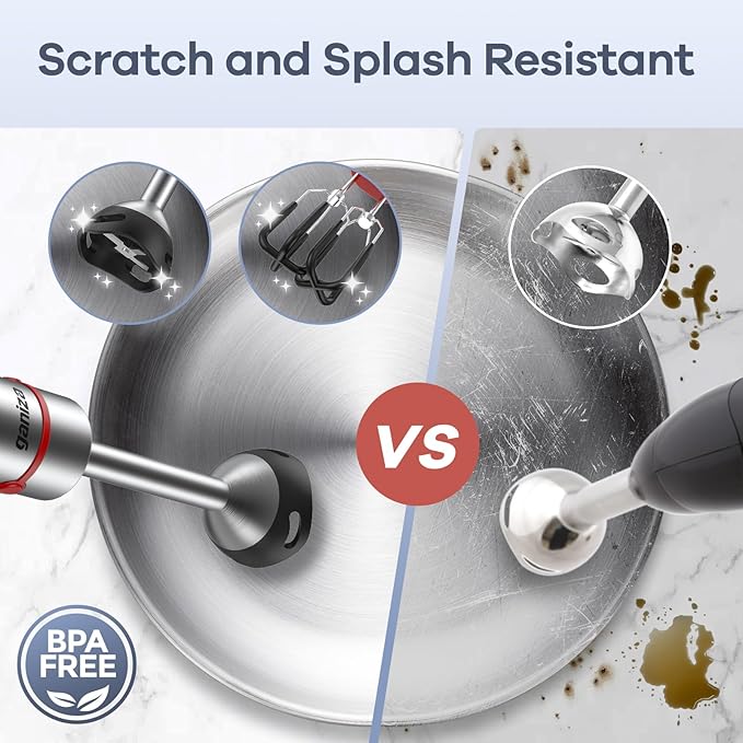 Ganiza Immersion Blender Handheld, 6 in 1 Hand Blender Stainless Steel Blade, 15 Speed Stick Blenders, 800ml Mixing Beaker, 600ml Chopper, Whisk, Frother, Potato Masher, Red