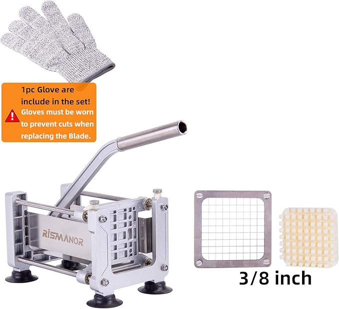 Rismonar French Fry Cutter Stainless Steel Potato Slicer With 1/2in 1/4in 3/8in Blade for Carrots Cucumbers Vegetables (Silver, Machine + 3/8)