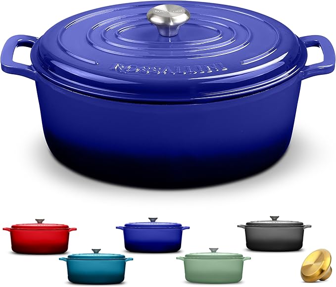 Signature Enameled Cast Iron Oval Dutch Oven | Non-Stick Serving Pot with Tight Fitting Lid for Perfect Roasting, Baking, Sauteing, and Bread Making | 6.75Q [Indigo Blue]