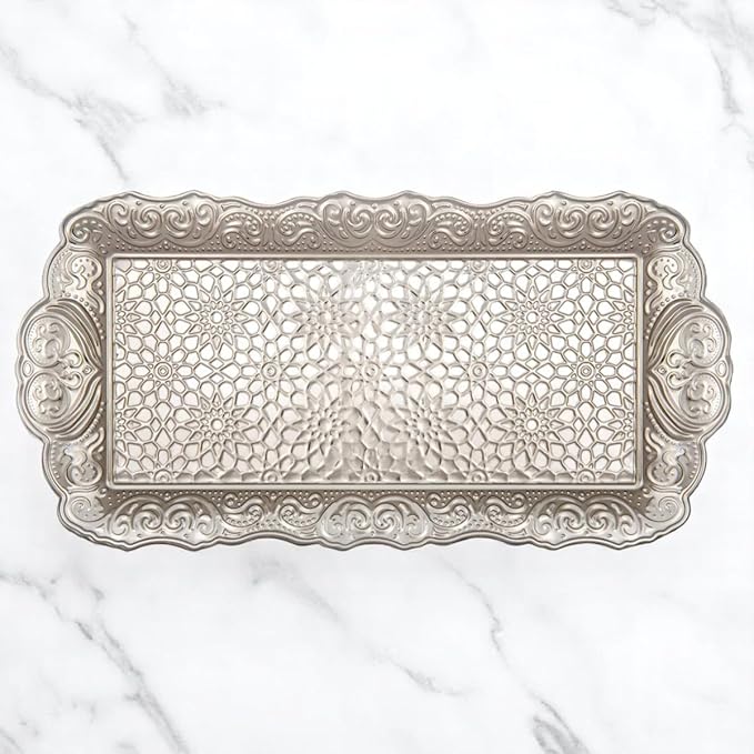 Alisveristime Small Ornate Metal Serving Tray – Ottoman Motif Decorative Tray (14.2" x 7.1", 10.8 oz) (Silver)