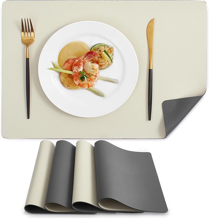MOSAYT Vinyl Placemats Set of 4, Heat Resistant Place Mats 100% Waterproof Washable & Wipeable Faux Leather Reversible Table Mats for Kitchen Dining Party Indoor Outdoor, 12" x 17", Grey/Beige