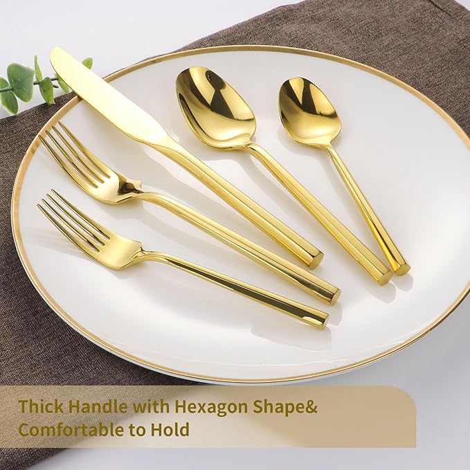 DEACORY Silverware Set Flatware Set Mirror Gold Cutlery Set Heavy Hexagon Handle Stainless Steel 20 Pieces Dishwasher Safe Service for 4