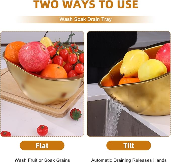 KesaPlan Rice Washer Strainer Bowl, 4-in-1 Washer Bowl Stainless Steel Rice Rinser Strainer Sink Colanders With Side Drainers for Cleaning Fruits, Vegetables, and Beans, Versatile Kitchen Tool