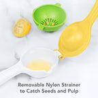 Tovolo Citrus Press with Pour Spout, White & Yellow – Manual Juicer for Lemons, Limes, Tangerines, Ergonomic Handle, BPA-Free, Dishwasher Safe