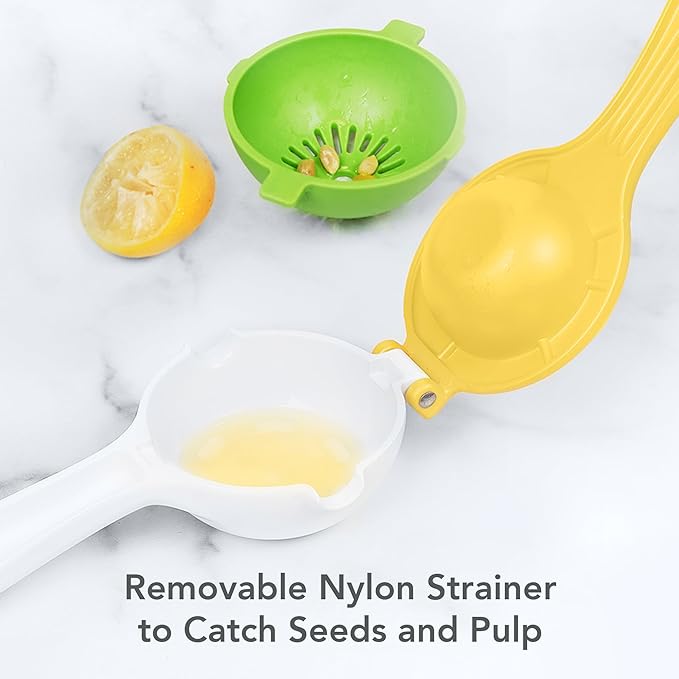 Tovolo Citrus Press with Pour Spout, White & Yellow – Manual Juicer for Lemons, Limes, Tangerines, Ergonomic Handle, BPA-Free, Dishwasher Safe