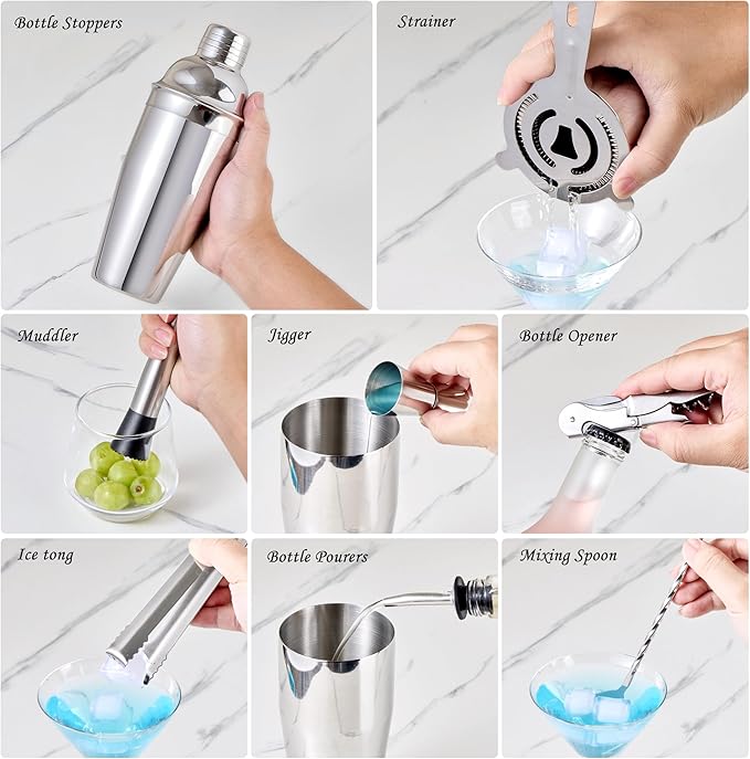 Cocktail Shaker Set Bartender Kit - 11 Pcs Bar Tool Set with Bamboo Stand & All Bar Accessories: Martini Shaker, Strainer,Jigger, Muddler, Mixer Spoon Barware Kit, for Bar, Home Lounge & Party