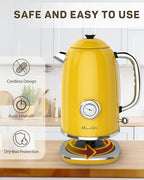Harriet Electric Kettle, 1.8L Retro Electric Tea Kettle with Thermometer, 1500W Stainless Steel Hot Water Kettle Electric with LED Indicator, Fast Boiling, Cordless, Auto Shut-Off, Yellow